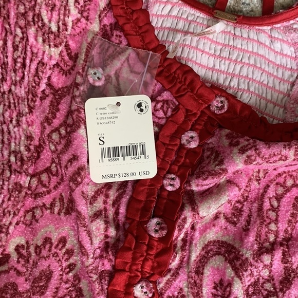 Free People Dare Me Velvet Smocked Blouse In Retro Combo. NWT! Sz S - Picture 8 of 12